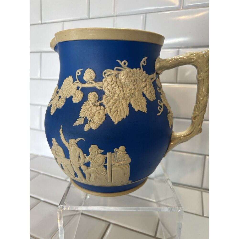 ANTIQUE COPELAND SPODE JASPER WARE ALE/BEER PITCHER w/ PUB SCENES & HOPS c1910 - Picture 8 of 16